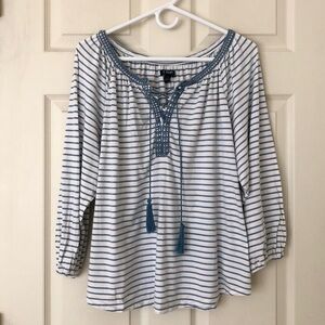 Chaps Peasant Blouse Cotton/Modal 3/4 Sleeve White Blue Stripe Size Large